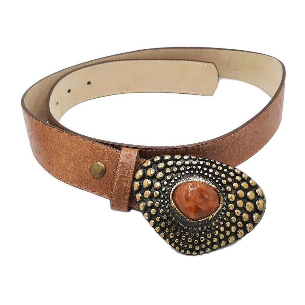 LEATHEROCK Vintage Boho Western Statement Belt Leather Brass Agate Stone Sz 36
